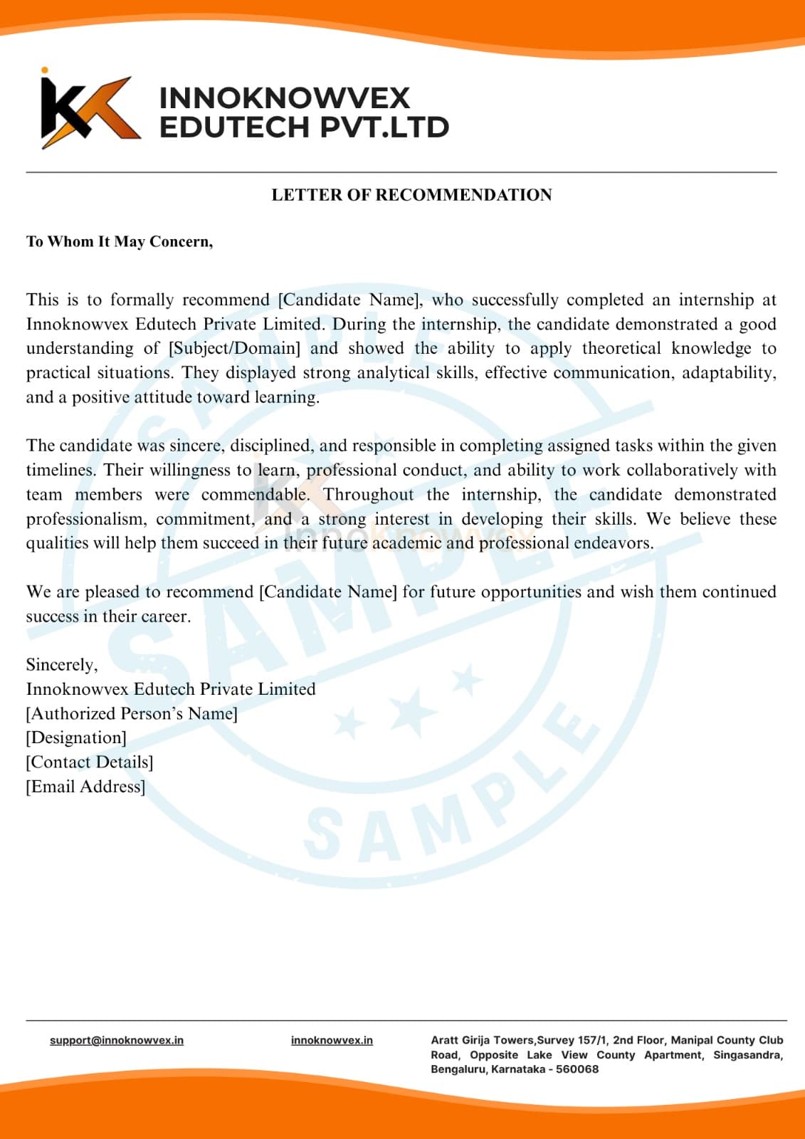 Sample Letter of Recommendation